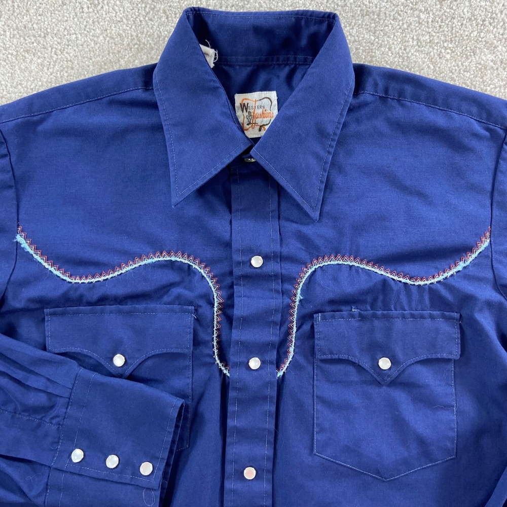 Vtg 1970s Western Fashion Shirt Women M Blue Embroidered Pearl Snap Long Sleeve